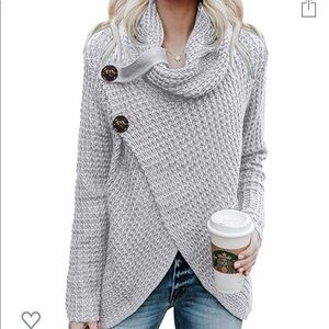 Button Cowl Neck Asymmetric Wrap Pullover Sweater
